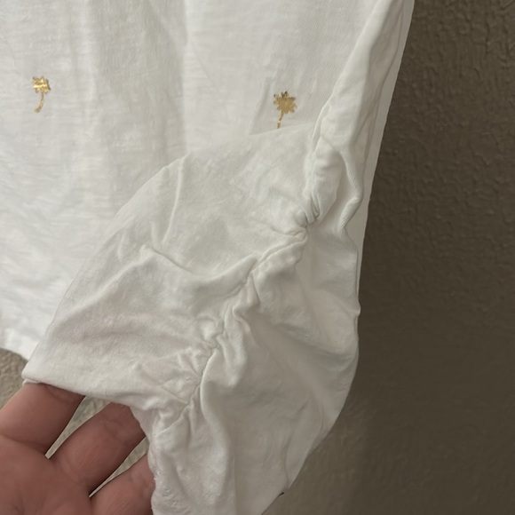 Women’s Plus Lane Bryant Ruched Side Tee 18/20 White Gold Palm Tree Summer - Picture 4 of 6